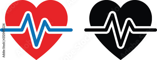 Quadro su tela Red and black heart symbols with heartbeat pulse lines for medical and healthcar