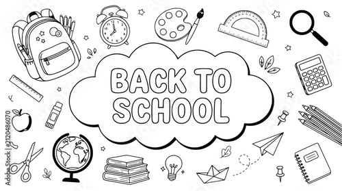 Принти на полотні Back to school doodle vector banner, hand drawn educational supplies coloring pa