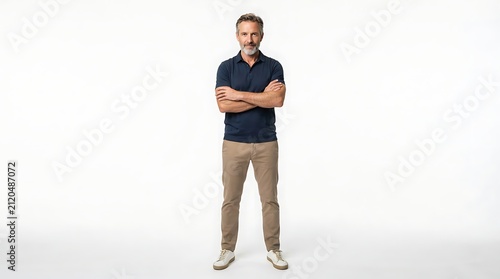 Photorealistic full body portrait of a middle-aged Caucasian man standing confidently with his arms crossed