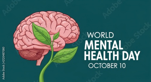 World Mental Health Day with brain and leaves