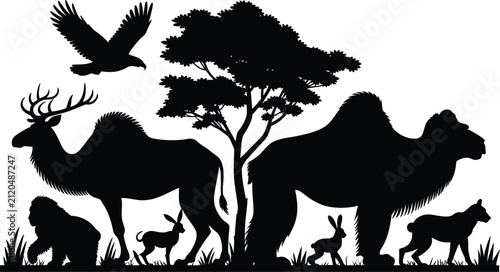 Photography Black and white silhouette of giraffes and trees in a savanna animal