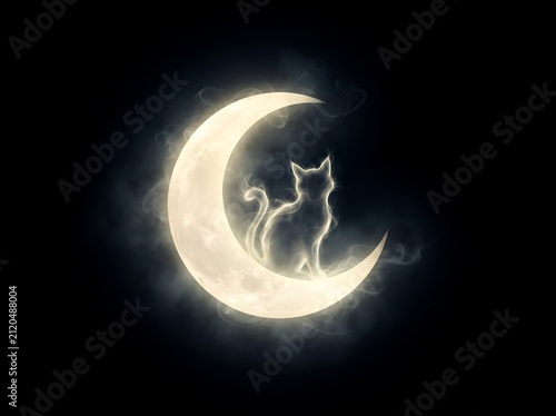 Mystical silhouette of a cat resting on a glowing crescent moon amidst swirling smoke