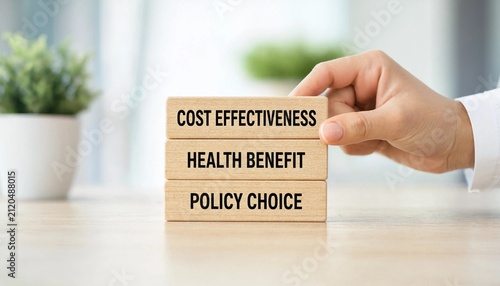 Hand placing wooden blocks representing cost effectiveness health benefit and policy choice on a light surface