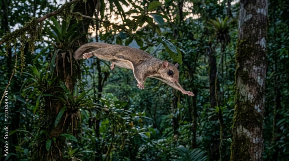 Obraz premium Flying squirrel gliding through a lush tropical rainforest in natural light