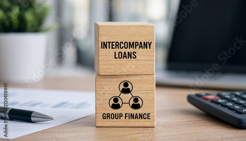 Intercompany loans concept displayed with wooden blocks and financial office accessories on desk