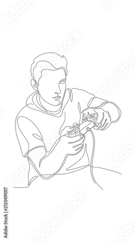 Continuous line drawing of a young man playing video games.