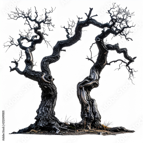 Pair of twisted leafless trees with crooked branches and rugged bark, isolated on white backdrop, dark eerie Halloween aesthetic, haunting silhouettes. Close-up.