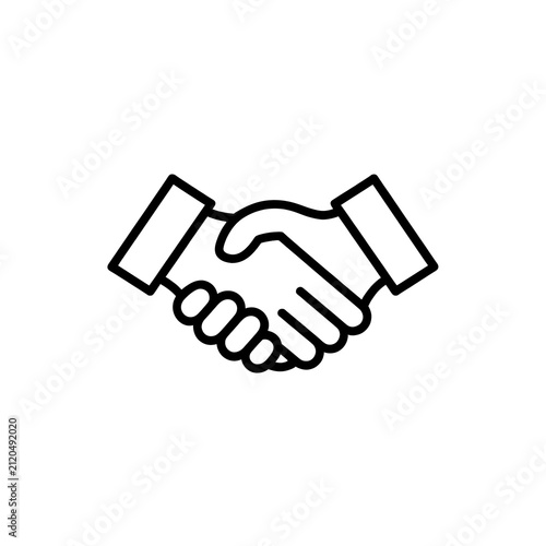 Black and white line icon of a professional business handshake isolated on white background