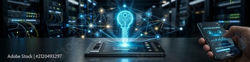 Futuristic digital transformation with glowing brain hologram. AI innovation and neural network technology concept for business growth.