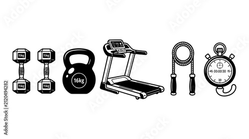 Quadro su tela Fitness Equipment Icons: Dumbbells, Kettlebell, Treadmill, Jump Rope, Stopwatch