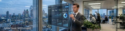 Professional businessman using smartphone in modern office. Male executive checking messages on mobile device with city skyline view.