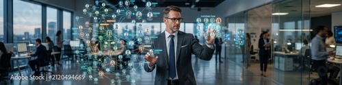 Confident businessman presenting with digital tablet in modern office. Professional male executive using touchscreen device during corporate meeting.