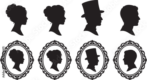 Collection of elegant human head profiles featuring ornate vintage frames presented as vector on white background