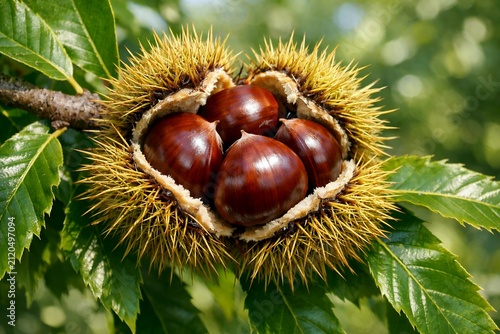 Obraz w ramie 緑豊かな秋の実り栗のイガが割れ茶色い実が顔を出す様子
