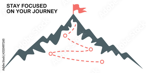 Journey concept vector illustration with a mountain trail and summit flag, representing business roadmap, goal achievement, leadership, planning, progress, determination, and strategic success.