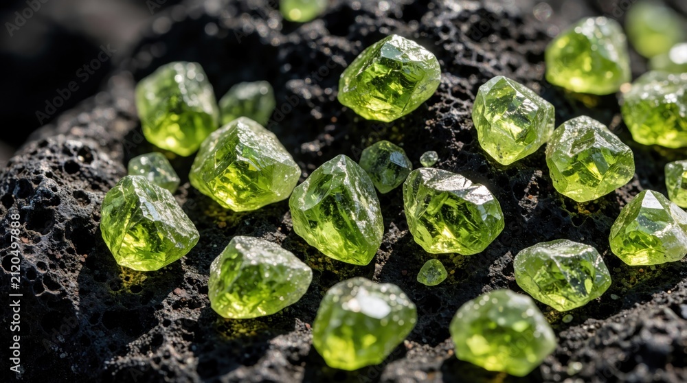 Fototapeta premium Raw green peridot crystals rest on dark volcanic stone surface. Natural rough olivine gems glow under sunlight. Macro view of unpolished mineral shards scattered across porous basalt rock. Geological