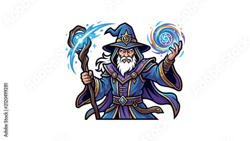 An illustrated fantasy wizard casting magic with glowing runes and a staff.