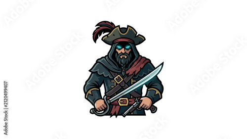 A menacing cartoon pirate captain holding a cutlass with glowing blue eyes and a feathered tricorn hat.