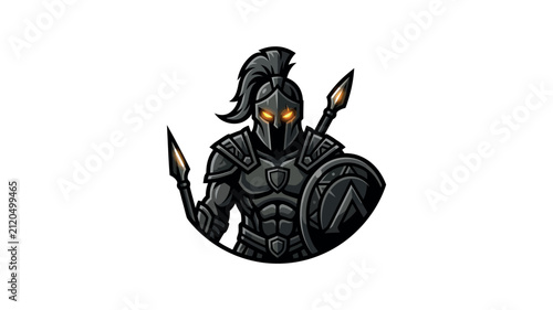 Fierce armored gladiator warrior illustration with glowing eyes spear and shield ready for battle.