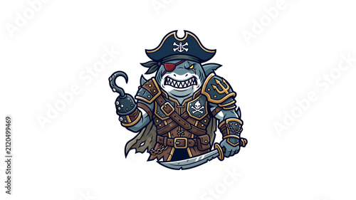 Fierce pirate shark cartoon illustration wearing a tricorne hat eye patch armor hook hand and holding a cutlass sword.
