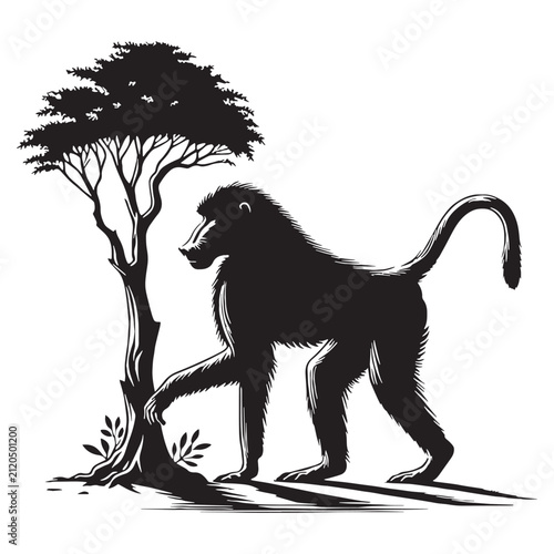 Baboon, Monkey, Primate, African, Wild, Safari, Jungle, Olive, Chacma, Hamadryas, Guinea, Yellow, Baby, Cute, Angry, Face, Portrait, Wildlife, Nature, Illustration, Drawing, Vector, Clipart.