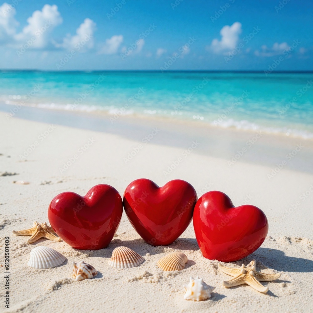 Fototapeta premium Three red heart shapes with seashells and starfish sit on a white sand beach. Turquoise ocean waves gently roll onto shore under a bright blue sky with white clouds.