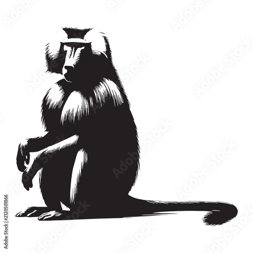Baboon, Monkey, Primate, African, Wild, Safari, Jungle, Olive, Chacma, Hamadryas, Guinea, Yellow, Baby, Cute, Angry, Face, Portrait, Wildlife, Nature, Illustration, Drawing, Vector, Clipart.