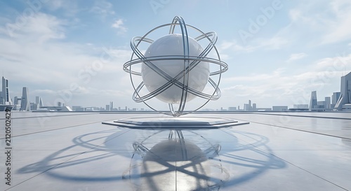 Futuristic Floating Sphere with Atomic Orbit Rings in Modern City Plaza | Abstract 3D Technology Concept