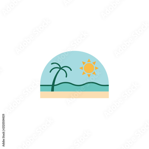 Beach scene with palm tree and sun. Tropical landscape illustration 