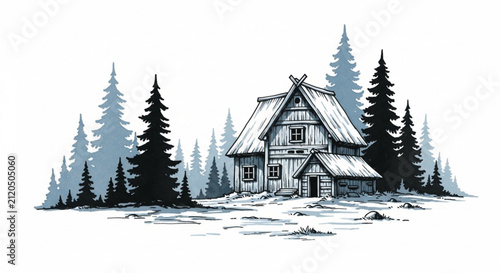 Minimalist Winter Forest Silhouette with Snow and Subtle Blue Hues