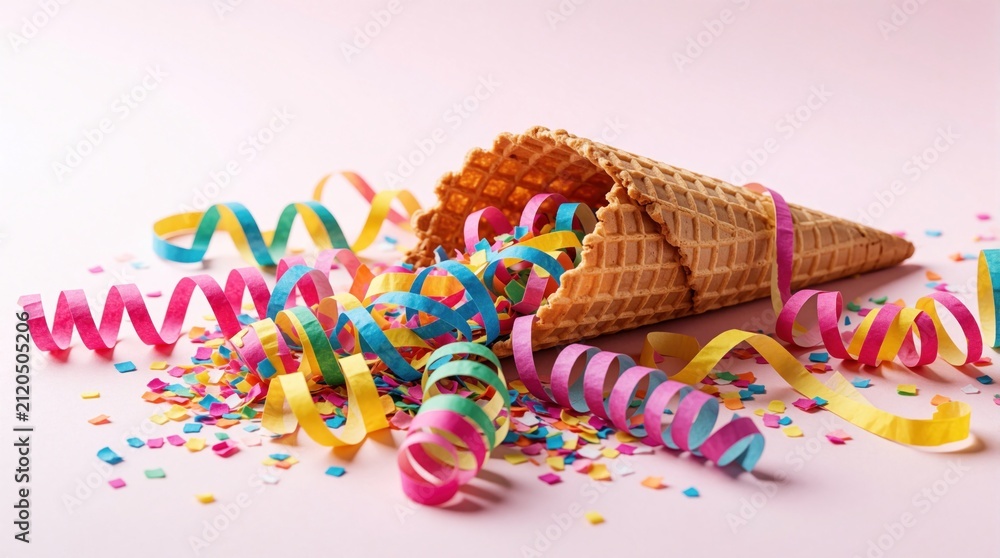 Obraz premium Ice cream waffle cone spills colorful streamers and confetti on pastel pink background. Festive celebration concept with bright party elements scattered around.