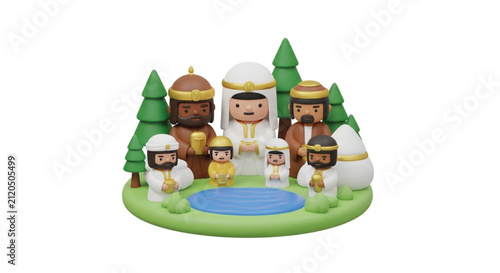 Three Wise Men pilgrimage, biblical nativity scene, stylized cartoon illustration with gifts and trees
