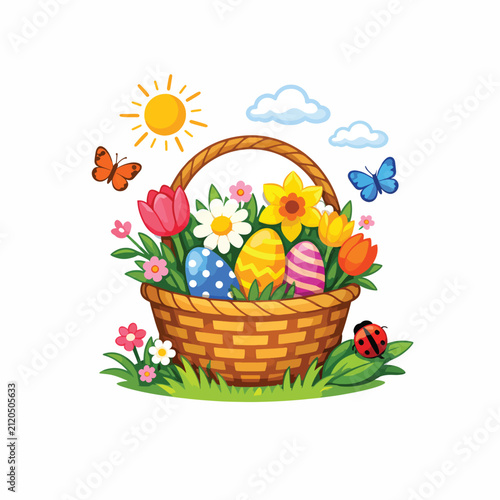 Vibrant spring bouquet in a rustic basket with sunny backdrop