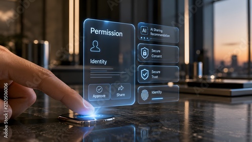 Person using a futuristic glass interface to manage secure digital identity and personal data in a modern office