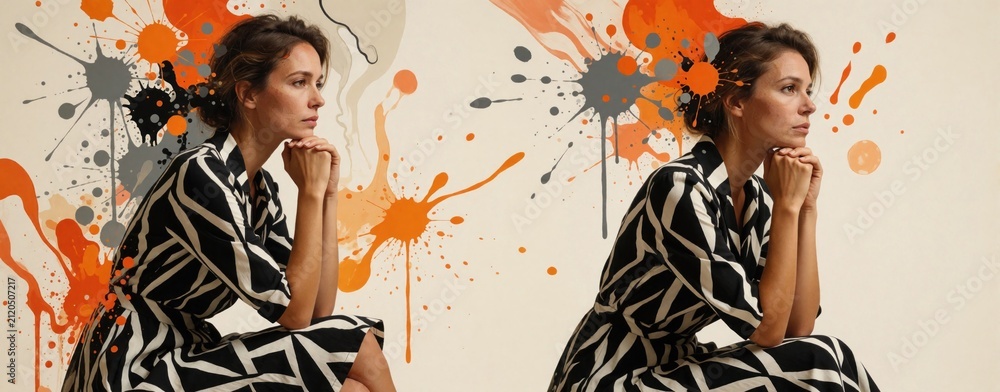 Fototapeta premium Thoughtful woman in geometric dress sits against beige wall with colorful ink splatter patterns. Creative person ponders innovative ideas near orange, grey paint splashes. Young female portrait
