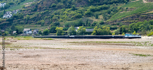 Fotografie Extreme low water in the Rhine Valley disrupts inland shipping in Rhine valley