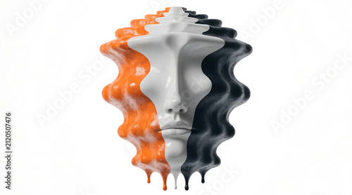 Abstract psychological portrait surreal sculpture human face striped paint melting form orange white black studio background conceptual art