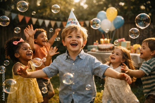 Children play with bubbles at outdoor birthday party, laughing around balloons, cake and decorations in sunny backyard.