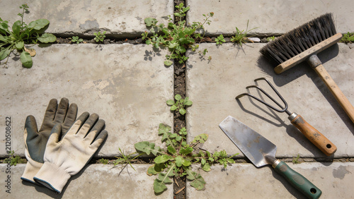 Flat lay of gardening tools, trowel, gloves, and broom around weeds growing in driveway cracks between patio paving slabs. Yard maintenance concept.