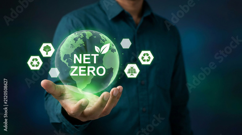 Net Zero World: A man's outstretched hand holds a glowing holographic representation of Earth, emphasizing the concept of 'Net Zero' emissions surrounded by eco-friendly icons.