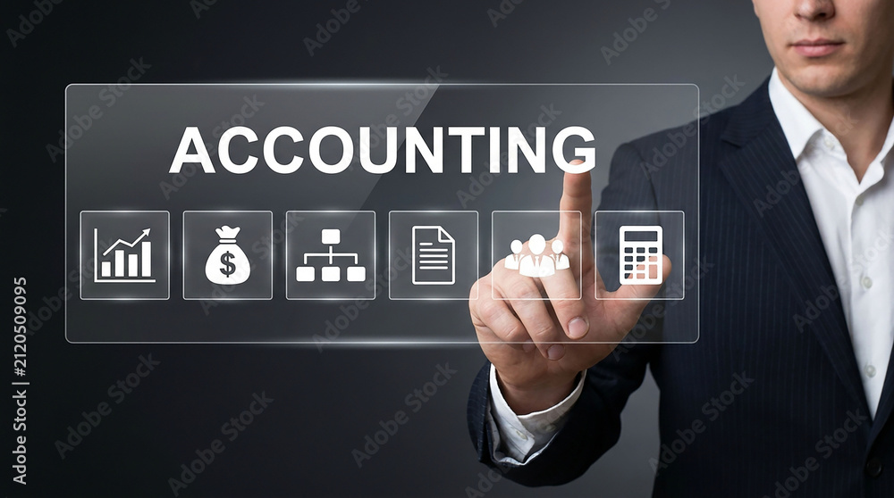 Fototapeta premium Business Accounting Interface: A businessman in a suit points to a transparent screen displaying accounting icons and text, symbolizing digital finance management and financial data analysis.