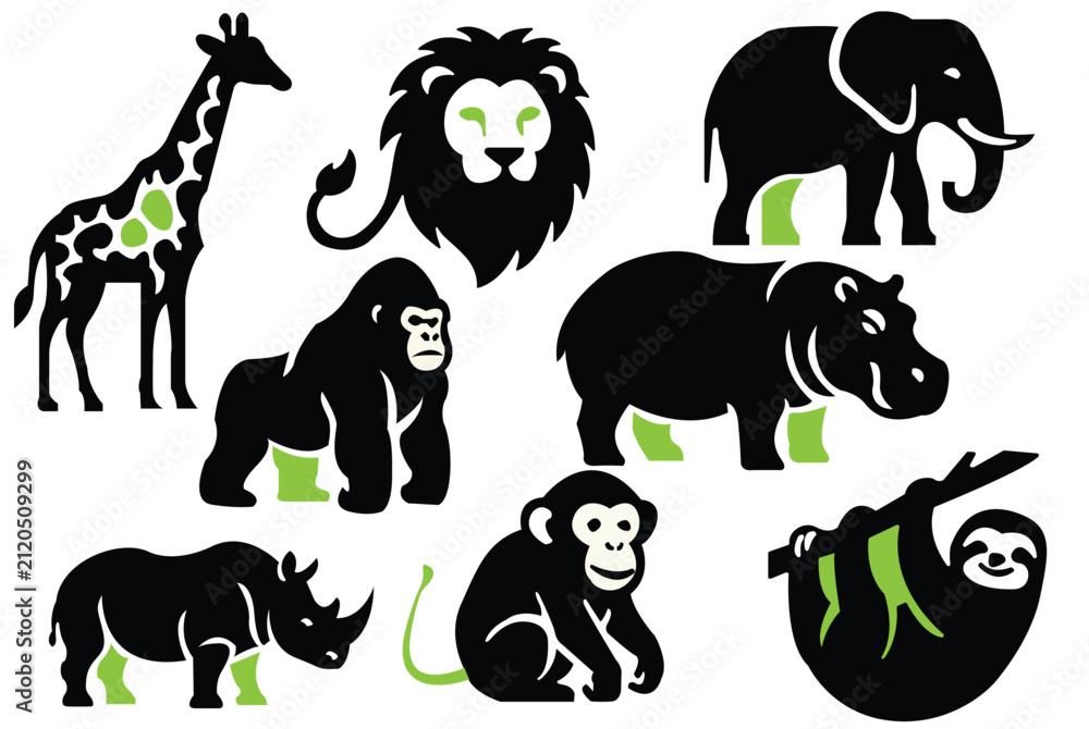 Obraz premium Jungle Wildlife Flat Vector Mascot Logo Collection – Elephant, Lion, Gorilla, Hippo, Rhino