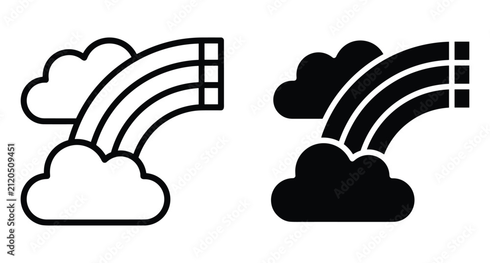 Obraz premium Rainbow and clouds icon set in outline and solid black styles for weather forecasting nature and sky graphic design elements