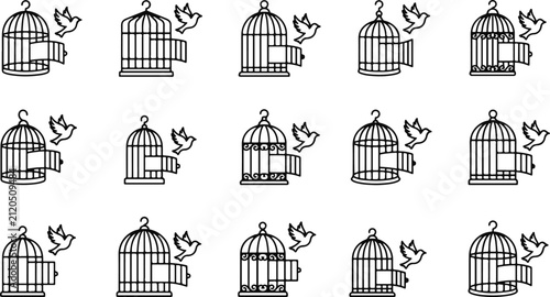 Принти на полотні Set of linear icons featuring birds escaping open birdcages in various styles wi