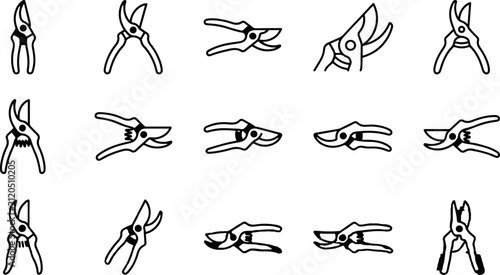 Foto Collection of line art gardening secateurs icons for agricultural and yard maint