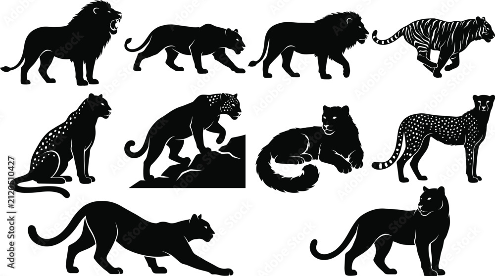 Fototapeta premium Wild Big Cat Silhouette Icon Collection with Lion Tiger Leopard Cheetah Symbols for Safari Graphic Design Projects