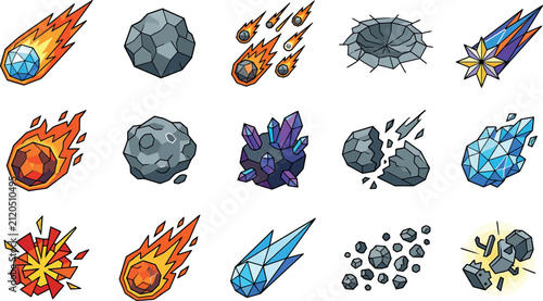 Canvas Print Cartoon pixel art space objects set featuring meteors comets asteroids and impac