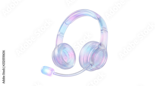Holographic gaming headset with microphone, iridescent glass headphones on white background, futuristic pastel audio equipment