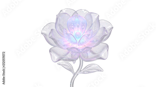 Ethereal glass flower with iridescent petals, translucent crystal blossom on white background, glowing floral sculpture with holographic light