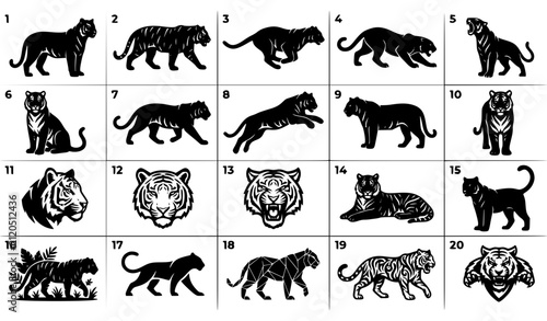Tiger Silhouette Vector Collection with Wild Cat Mascot Logo and Tattoo Design Elements